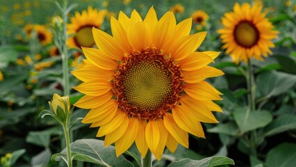 Obraz premium Vibrant sunflower showcasing bright yellow petals with a textured center, surrounded by green foliage in a sunny field setting.