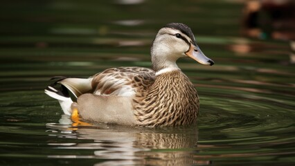 Obraz premium Elegant female duck swimming gracefully on tranquil water with ripples in shades of green and brown reflecting the serene natural environment.