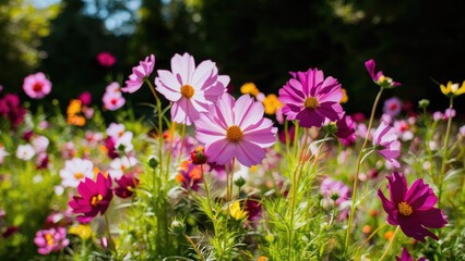 Fototapeta premium Vibrant cosmos flowers in shades of pink and purple bloom in a lush green garden under bright sunlight creating a cheerful summer atmosphere
