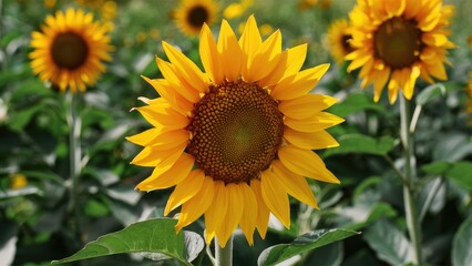 Fototapeta premium Vibrant yellow sunflowers bloom prominently in a lush green field, showcasing their large petals and intricate centers under a bright blue sky.