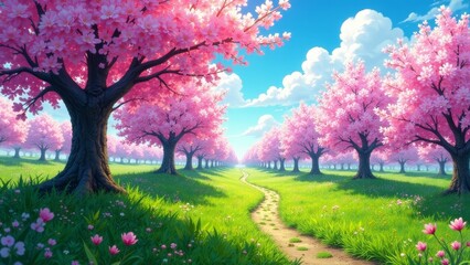 Fototapeta premium A Serene Path Through a Blossoming Spring Meadow, Adorned with Vibrant Pink Trees and Lush Green Grass, Leading to a Bright Horizon