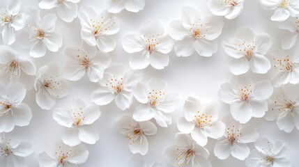 Delicate white cherry blossoms scattered gracefully on a soft white background creating a serene floral pattern