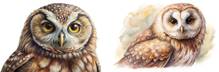 Realistic owl portraits, detailed watercolor style, vibrant colors, nature illustration, wildlife art, decorative purpose.