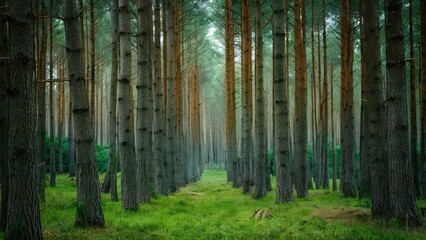 Obraz premium Lush green woodland scene featuring tall, slender pine trees with brown trunks in a serene, misty atmosphere, creating a tranquil forest pathway.
