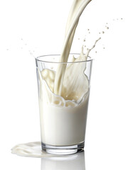 Fresh milk being poured into a transparent glass, creating a smooth splash effect. High-speed capture of liquid motion. Isolated on white background.