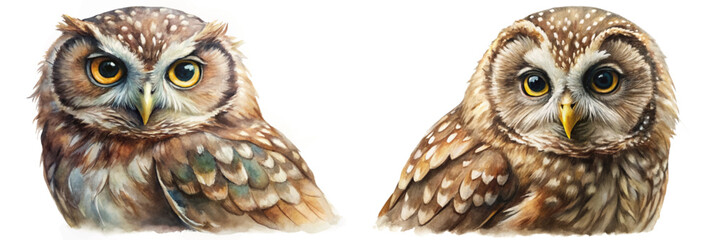Realistic owl portraits, detailed watercolor artwork, nature-inspired illustration, vibrant colors, wildlife art.