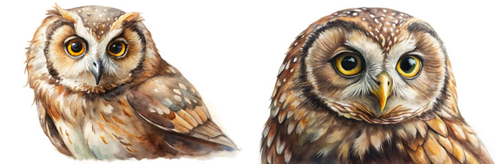 Realistic owl portraits, detailed watercolor illustrations, vibrant colors, wildlife art, nature-inspired decor.