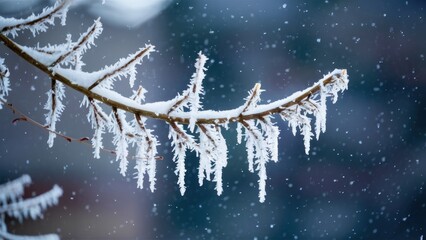 Delicate ice-covered branches adorned with frosty white icicles against a soft blue and gray background, creating a serene winter atmosphere.