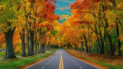 Fototapeta premium Vibrant autumn foliage in rich hues of orange yellow and red lining a peaceful road under a clear blue sky surrounded by lush greenery