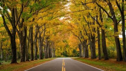 Fototapeta premium Autumn trees line a serene road with brilliant yellow and orange foliage creating a picturesque scene under soft natural light.