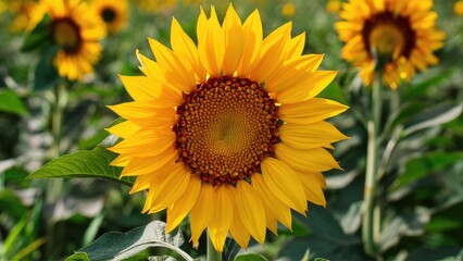 Obraz premium Vibrant sunflower with bright yellow petals and a textured brown center, surrounded by green leaves against a backdrop of blooming sunflower field.