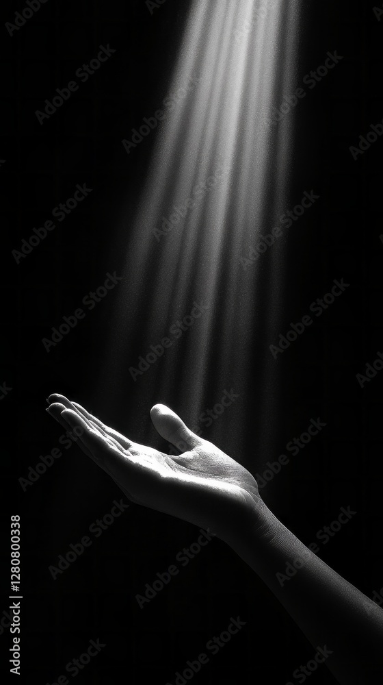 Poster soft light cascades from above, highlighting the contours of an open palm against a deep black backg