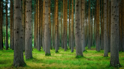 Dense woodland scene featuring tall, straight pine trees with brown trunks surrounded by lush green grass under soft natural light.