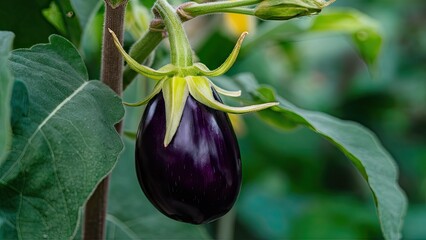 Close-up of a vibrant dark purple eggplant hanging from a green leafy branch with soft blurred greenery in the background showcasing its freshness.