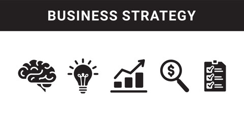set of a business strategy symbol set for personal focus, creative thinking, brainstorm session, ambition, goal and target practice as a customisable black stroke eps vector .