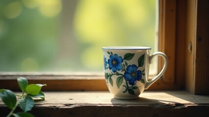Serene morning sunlight illuminates a floral teacup resting on a weathered windowsill, beside a sprig of vibrant green leaves.