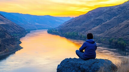Fototapeta premium A person sits on a rock by a river, gazing at a vibrant sunset over rolling hills, evoking tranquility and connection with nature. solo travel adventure experience self-discovery experience.