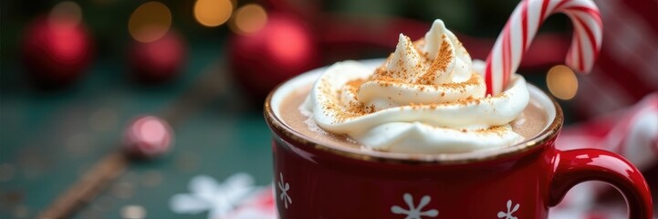 Fototapeta premium Candy cane and marshmallow topped hot chocolate in a festive mug, holiday, snowflake, soft focus