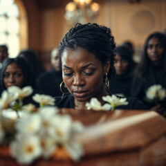 Woman in mourning with flowers during a funeral ceremony surrounded by attendees