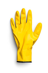 Top view bright yellow rubber cleaning glove isolated on white background
