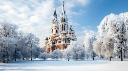 Majestic Cathedral on Winter Day with Frost-Covered Trees, Clear Blue Sky, and White Ground