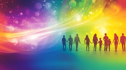 Fototapeta premium Silhouettes of diverse family walking on a colorful background