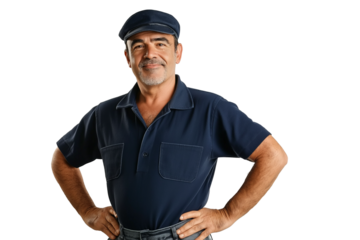 Greek fisherman in navy cap hands on hips isolated on transparent white background
