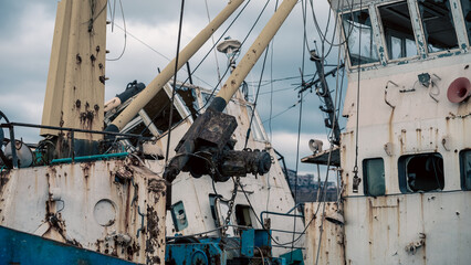 old broken down sunken ship in the port of Ukraine