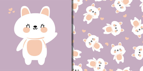 Obraz premium Seamless pattern and illustration greeting card cartoon white bunny. cute card and wallpaper for gift wrap paper