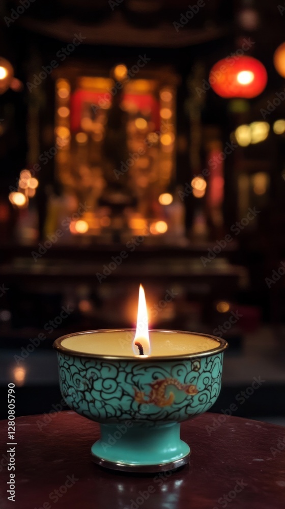 Poster a solitary candle flickers brightly, casting dancing shadows in a serene setting. the soft light rev