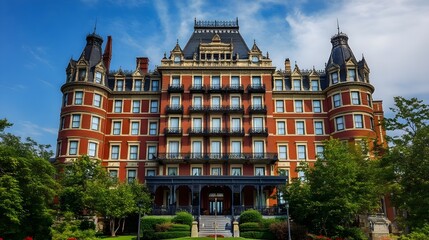 Fototapeta premium Grand Hotel Architecture: A Historic Brick Building with Ornate Design and Elegant Balconies