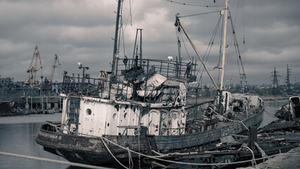 old broken down sunken ship in the port of Ukraine