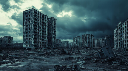 Fototapeta premium Desolate post-apocalyptic cityscape with abandoned ruined buildings under dark stormy skies, depicting urban decay and destruction