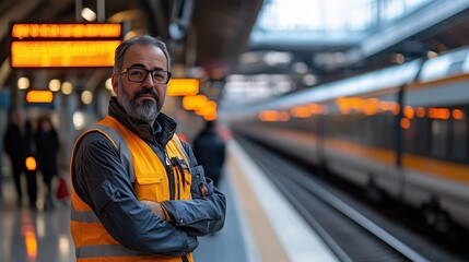 Obraz premium High-Speed Train Station with Worker in Safety Vest, Modern Platform, Digital Signage Displaying Train Schedules, Busy Commuter Scene