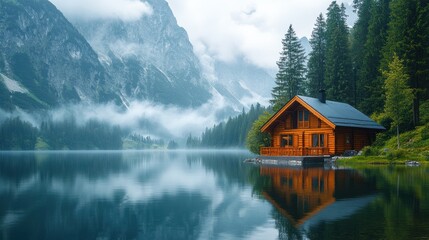 Fototapeta premium Mountain lake cabin mist scenic reflection travel