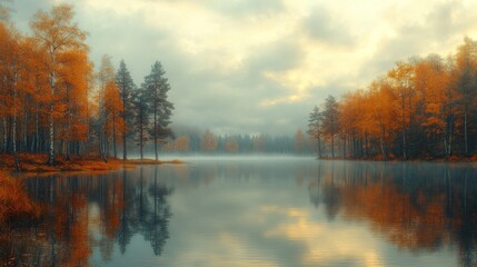 Autumnal lake sunrise reflection, misty forest