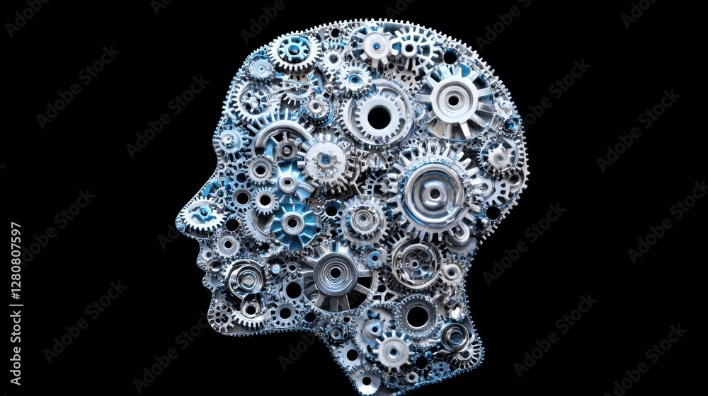 Poster human head contour filled with interlocking gears symbolizes the connection between mind and artific