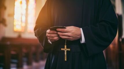 Catholic priest in a cassock standing solemnly in church, offering a prayer or performing a religious service, symbolizing faith, devotion, and spirituality in a sacred setting.