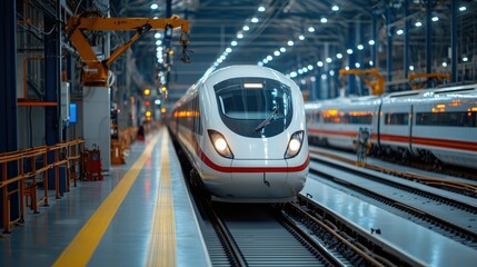 Naklejka premium High-Speed Train in Modern Rail Facility with Bright Indoor Lighting and Multiple Train Cars in the Background
