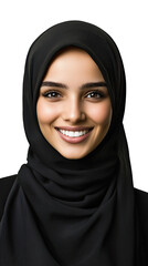 Naklejka premium Portrait of young smiling muslim woman wearing a hijab isolated on white transparent background