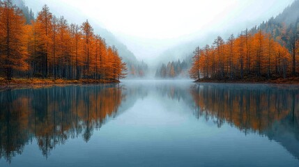 Obraz premium Misty autumn lake, orange trees, mountain reflection, serene landscape, travel poster