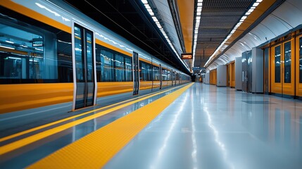 Obraz premium High-Speed Train Interior and Platform Perspective with Modern Design Elements and Bright Yellow Accents in the Station's Architecture