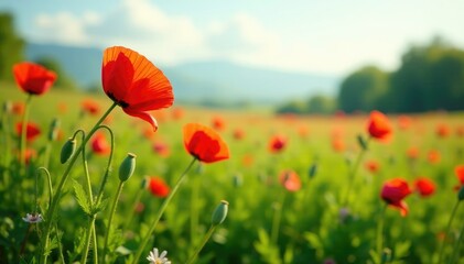 lush green grass under the large poppy flowers, meadow, flower, landscape