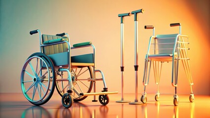 Streamlined 3D render: wheelchair, walker, crutchesâ€”accessible medical equipment.
