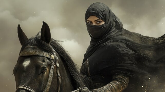 A cloaked rider on a horse amidst a dramatic sky, evoking strength and mystery in a desert landscape