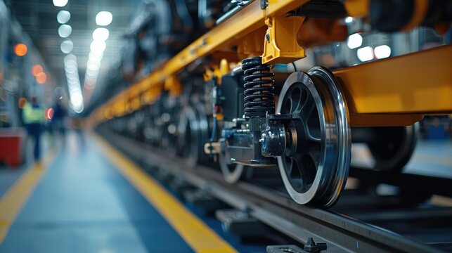 Close-Up View of High-Speed Train Wheels and Suspension System Undergoing Diagnostic Analysis in Modern Workshop Environment