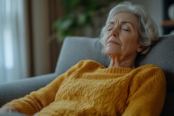 Elderly woman suffering from stomach ache sitting on couch in living room. Senior lady feeling unwell at home. Pancreatitis gastritis symptom