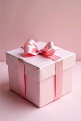 Obraz premium Pastel pink gift box with delicate floral arrangement, pink ribbon, elegant