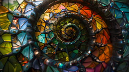 A stained glass window with a colorful design.