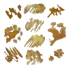 Gold brush strokes on white background, acrylic gold glitter blotches
